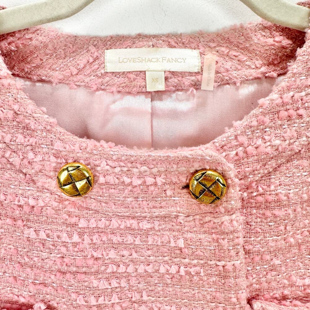LoveShackFancy Keiran Pink Tweed Blazer Jacket Relaxed Preppy Gold Buttons XS - Picture 9 of 16